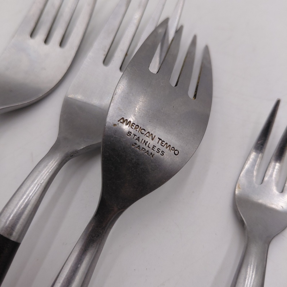 AMERICAN TEMPO 12 Mid Century Modern Stainless Flatware Faux Wood Japan MCM - Picture 4 of 10